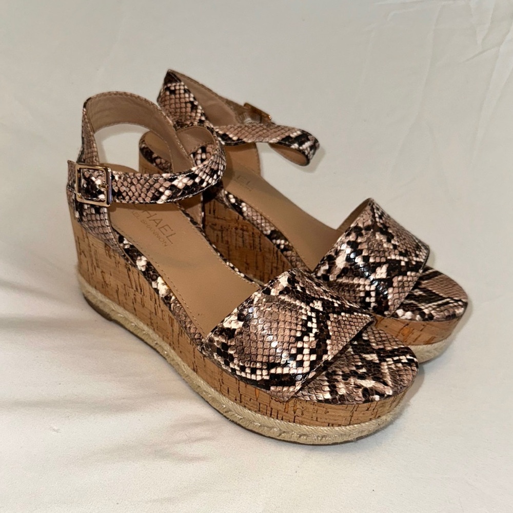 Michael Shannon Brown Wedge Sandals Snakeskin Pattern